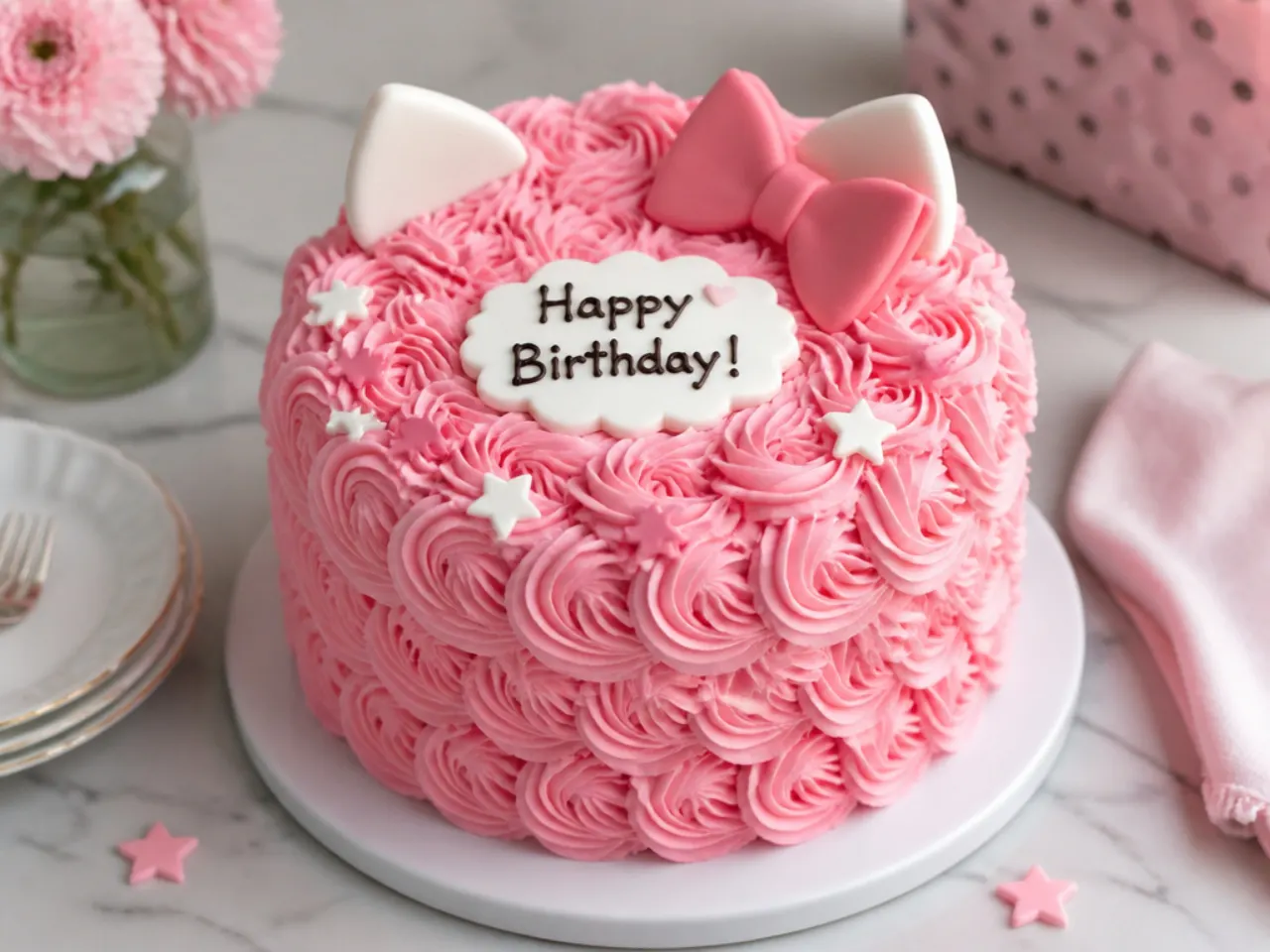 Pink rosette buttercream hello kitty birthday cake piped with a 1M star tip