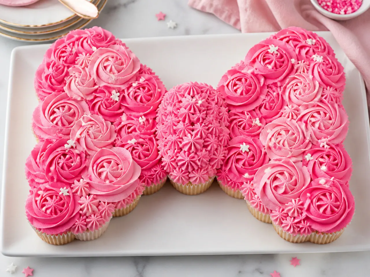 Hello kitty pull-apart cupcake cake shaped like a pink bow