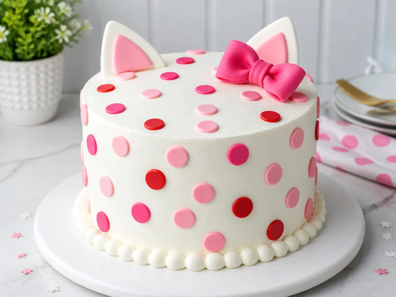 White buttercream easy hello kitty cake decorated with pink and red polka dots