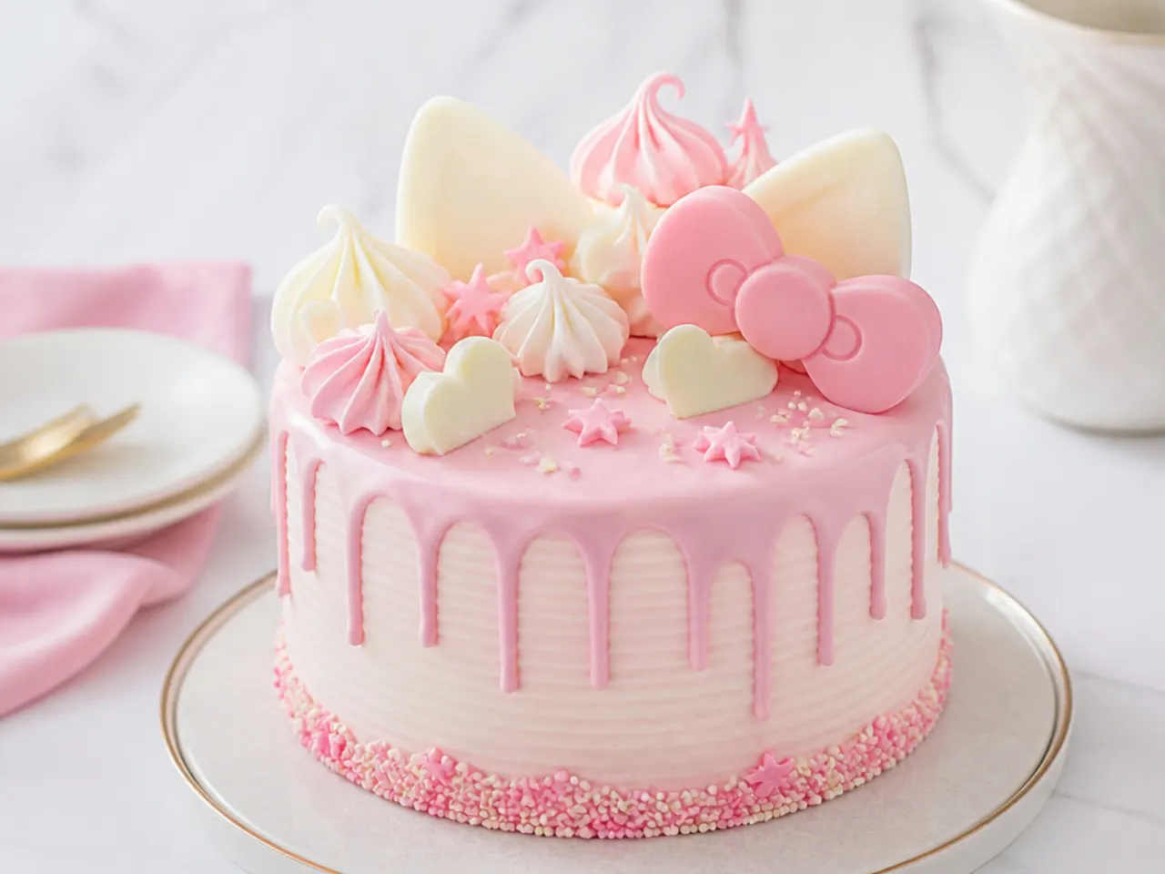 Pastel pink drip hello kitty cake with meringue kisses and white chocolate hearts