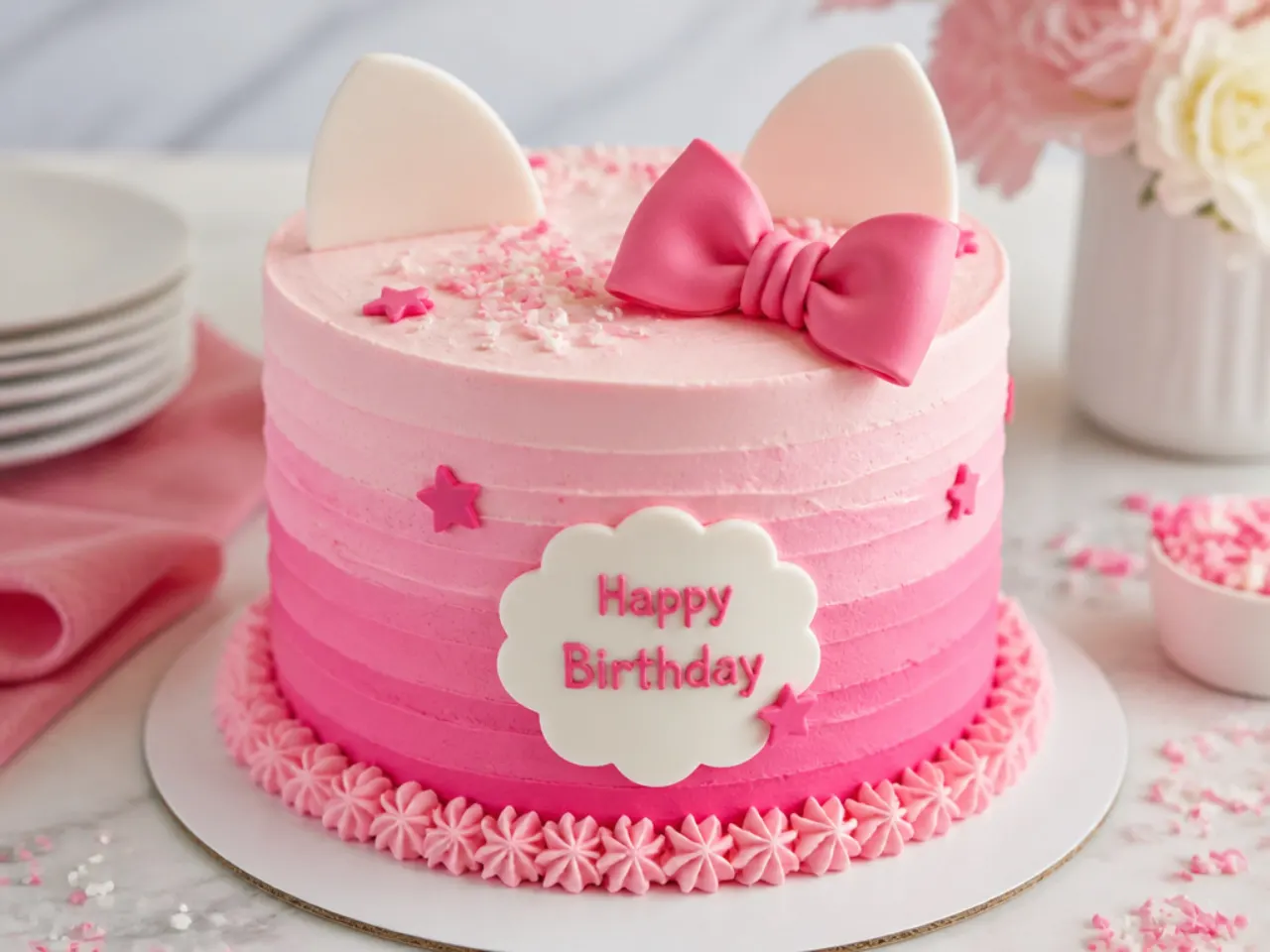 Pink ombre hello kitty birthday cake with blended buttercream gradient
