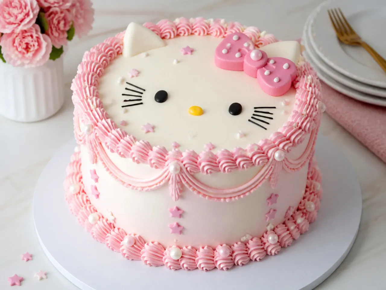 Vintage style hello kitty cake with pink Lambeth piping and pearl details