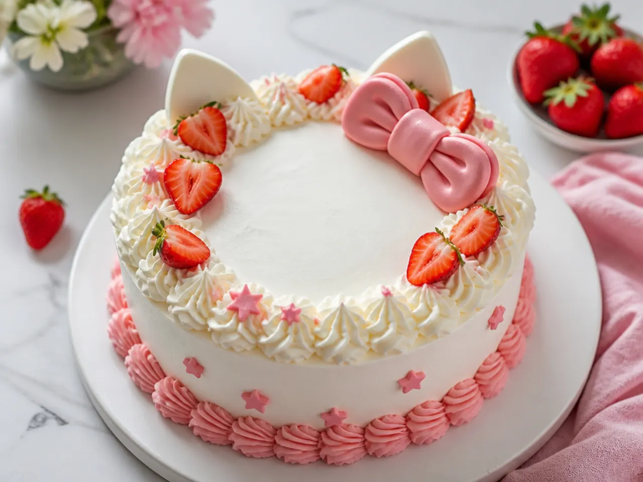 Hello kitty strawberry cake with whipped cream frosting and fresh berries