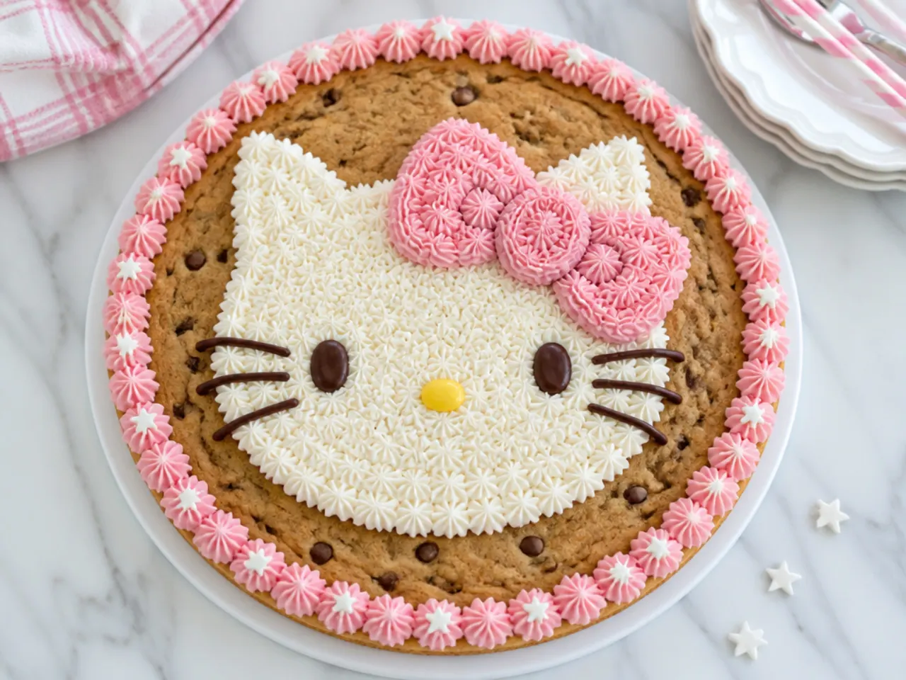 Giant cookie cake decorated as a simple hello kitty cake with piped pink bow