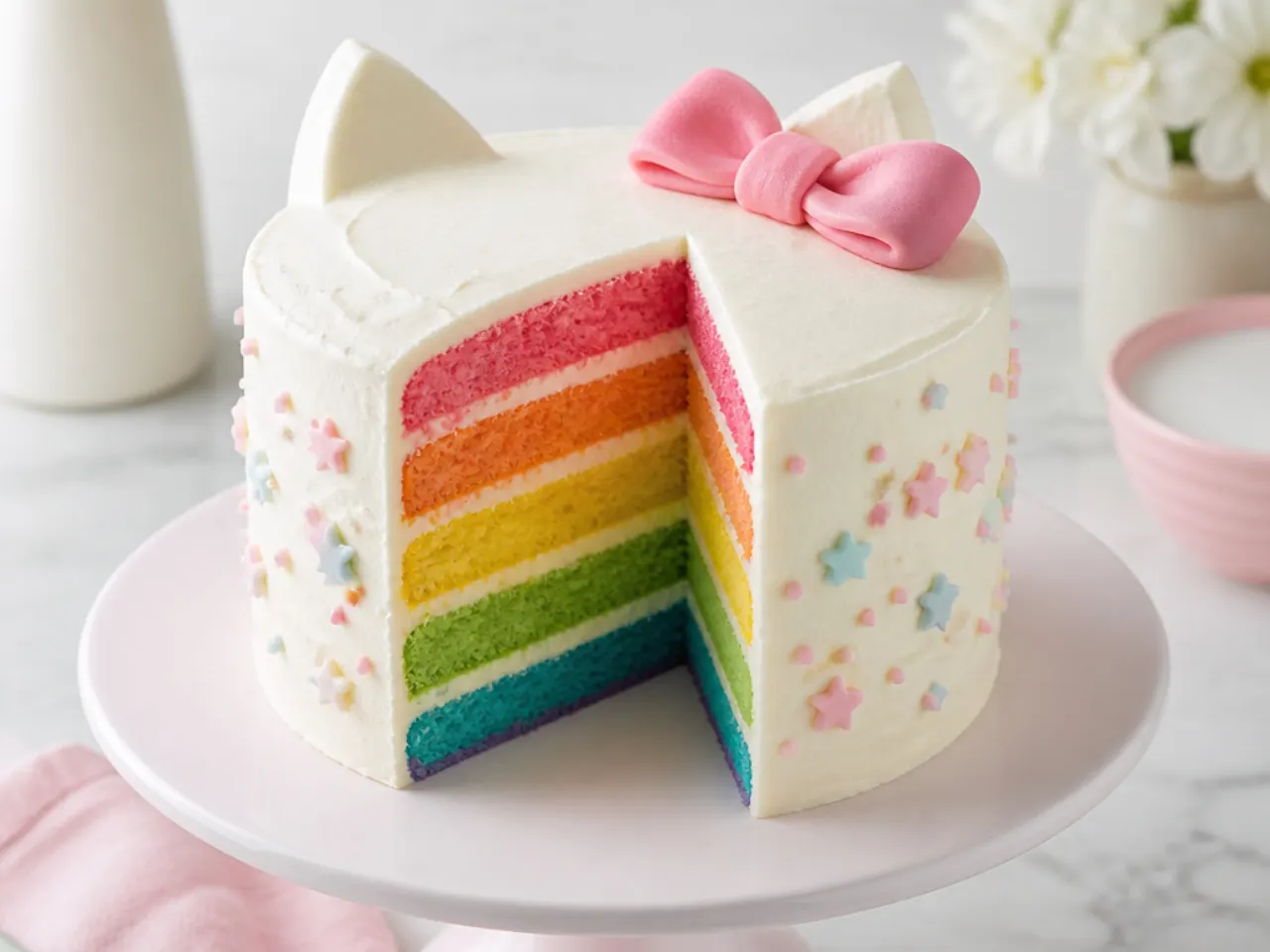 Rainbow layer hello kitty cake idea with white frosting and pink bow