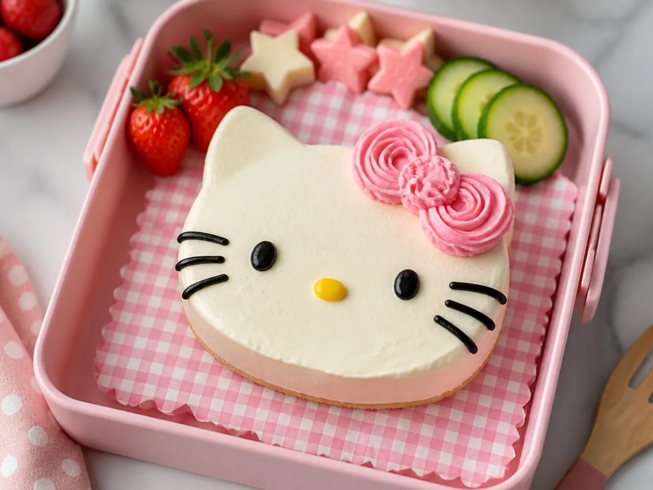 Mini bento easy hello kitty cake in a lunchbox with piped pink bow