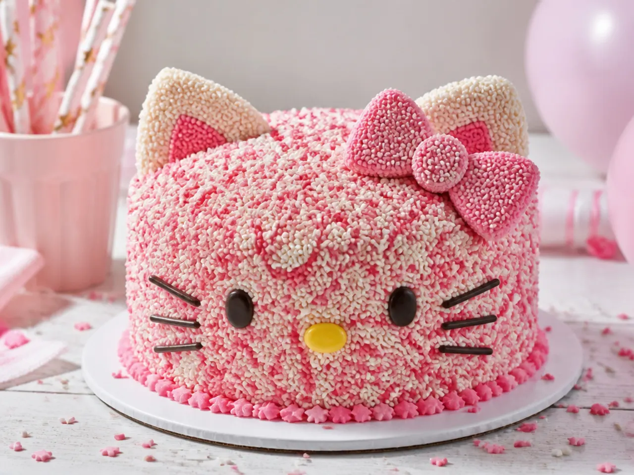 Sprinkle covered hello kitty party cake with pink white and red sprinkles