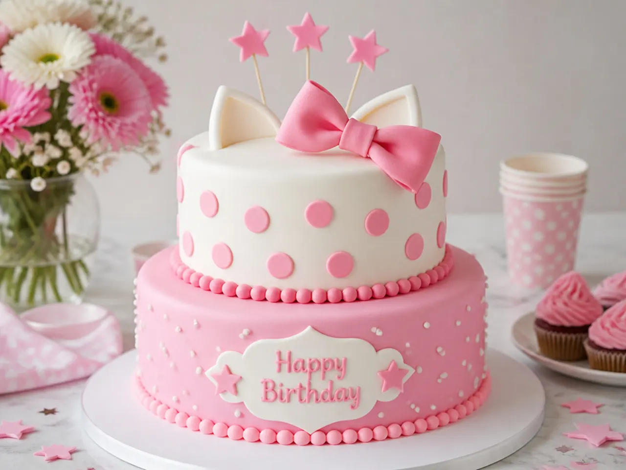 Two tier hello kitty birthday cake in pink and white with polka dots