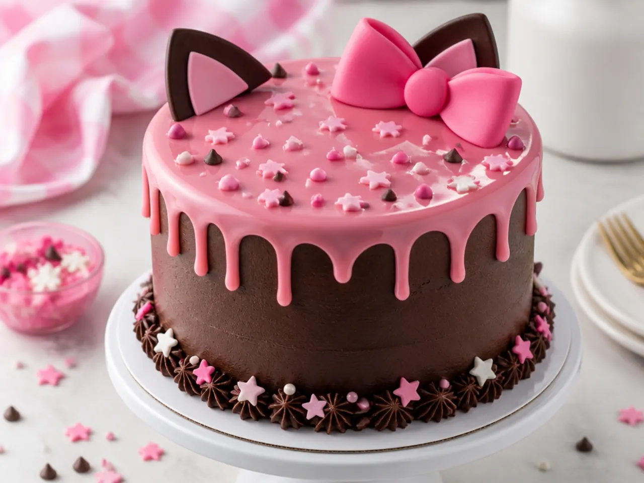 Chocolate hello kitty cake with pink ganache drip and bow topper