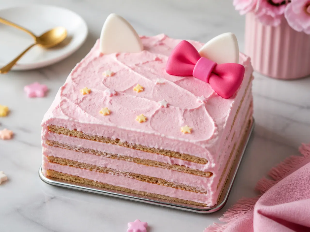 No bake icebox hello kitty cake with pink whipped cream layers