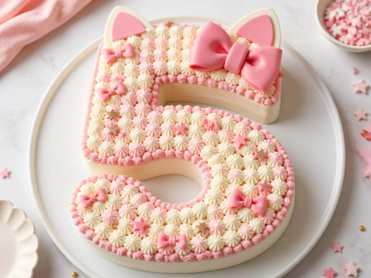 Number shaped hello kitty cake idea piped with buttercream dots and mini bows