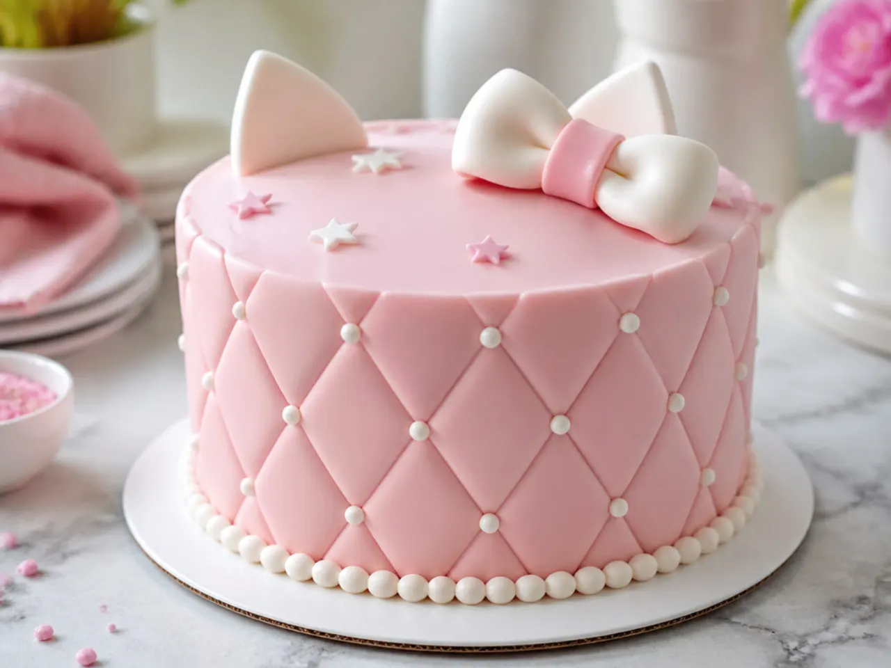 Quilted pink fondant hello kitty cake with sugar pearls and white bow