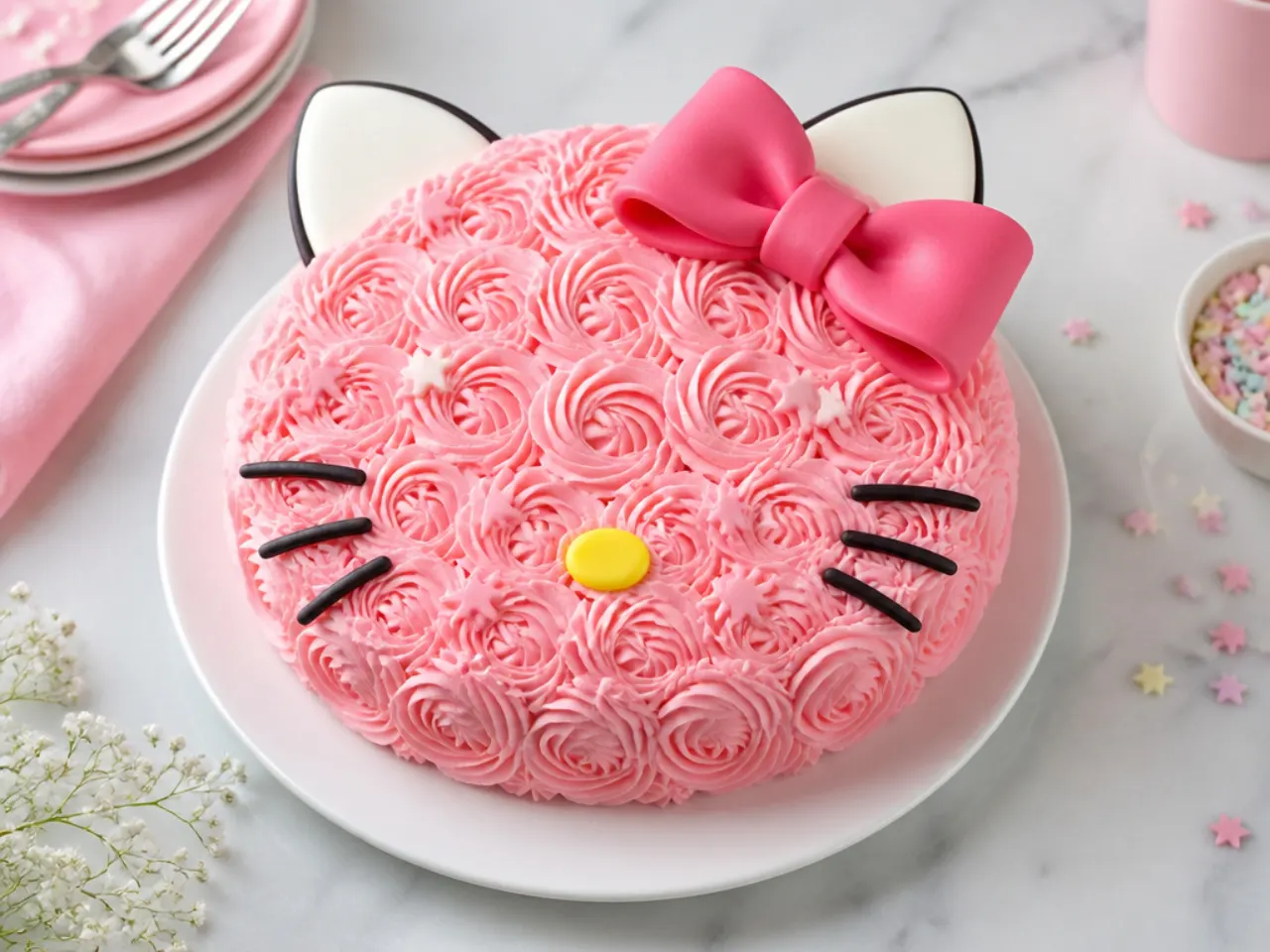 Gluten free easy hello kitty cake with pink buttercream rosettes