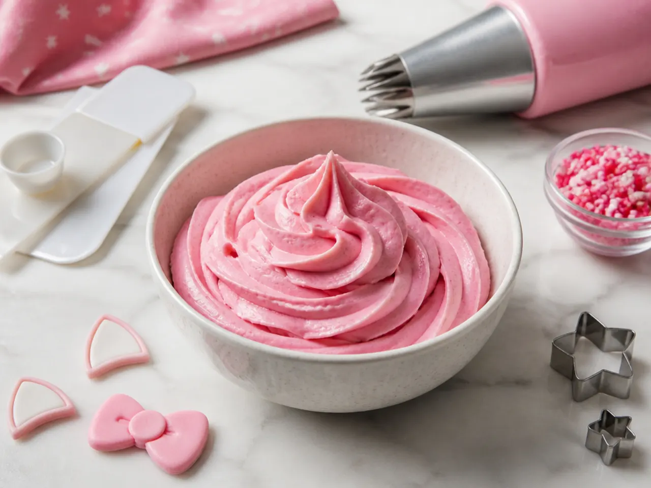 Decorating tools and pink buttercream for an easy hello kitty cake