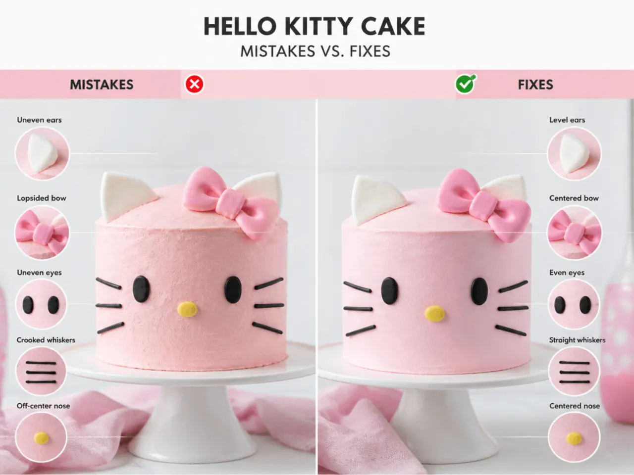 Side by side of common hello kitty cake decorating mistakes and fixes
