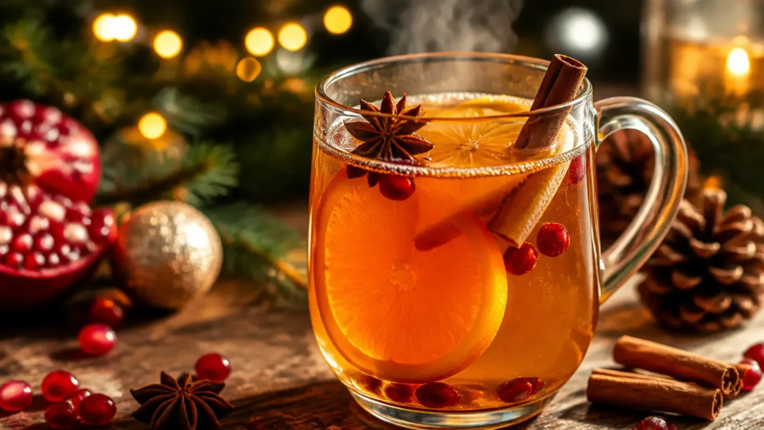 A festive spread of holiday drinks including mulled wine, hot chocolate, and eggnog in glasses garnished with cinnamon sticks and cranberries