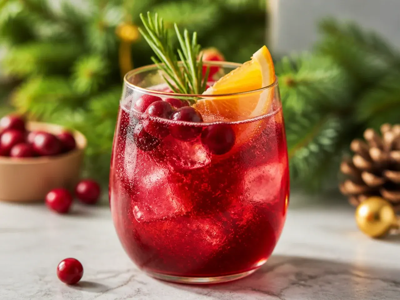 Overhead shot of several holiday drinks arranged on a wooden table with festive garnishes