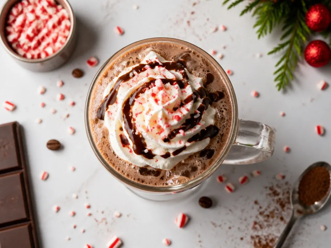 Iced peppermint mocha in a tall glass with whipped cream and crushed candy cane on top