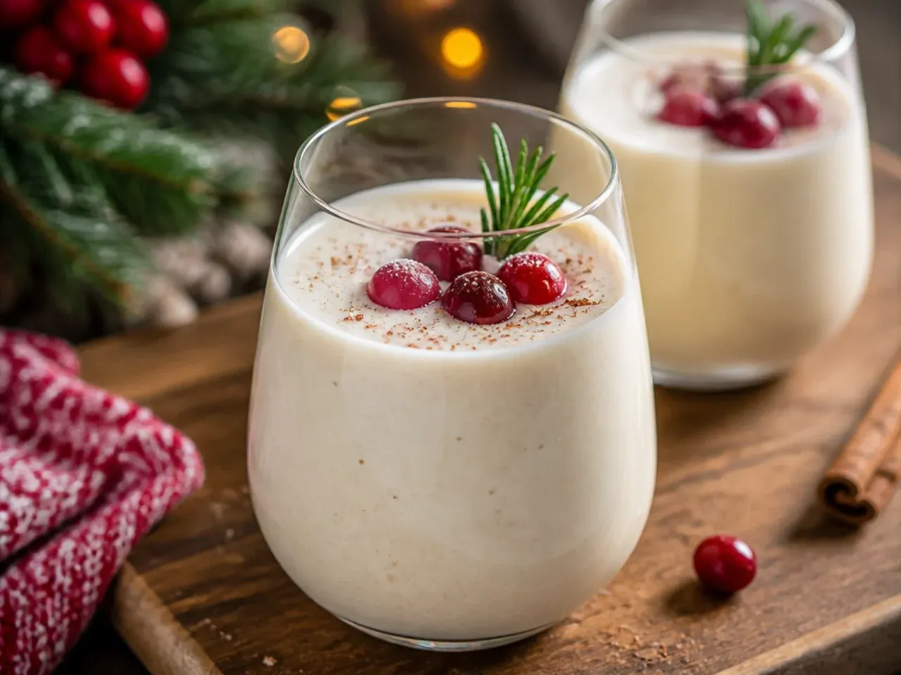 Glass of classic eggnog dusted with nutmeg beside a cinnamon stick garnish
