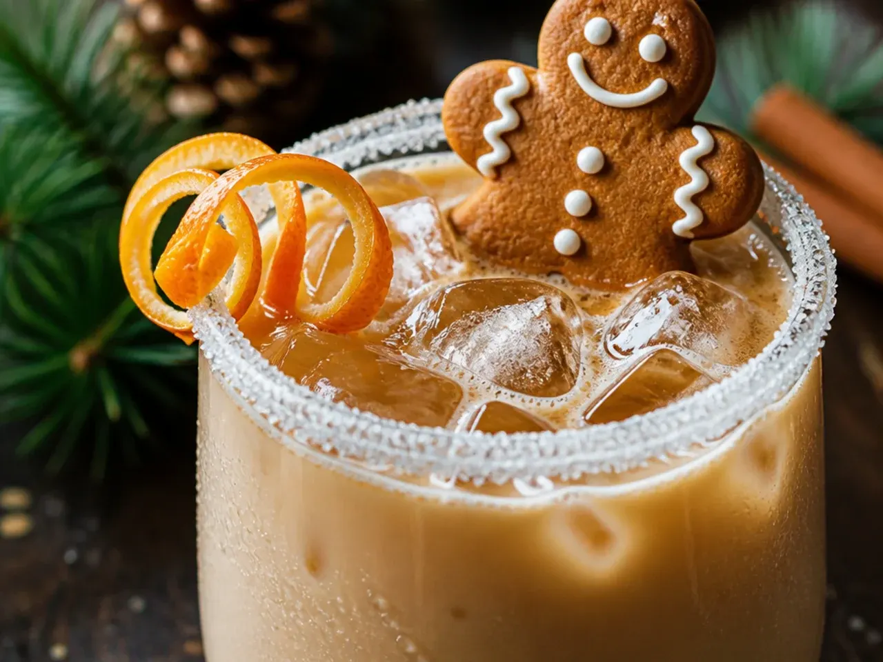 Gingerbread latte in a clear glass mug with foam art and a dusting of cinnamon