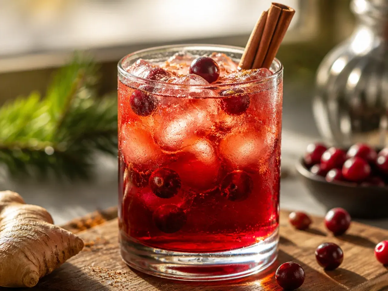 Cranberry ginger spritzer in a highball glass with floating cranberries and a rosemary garnish