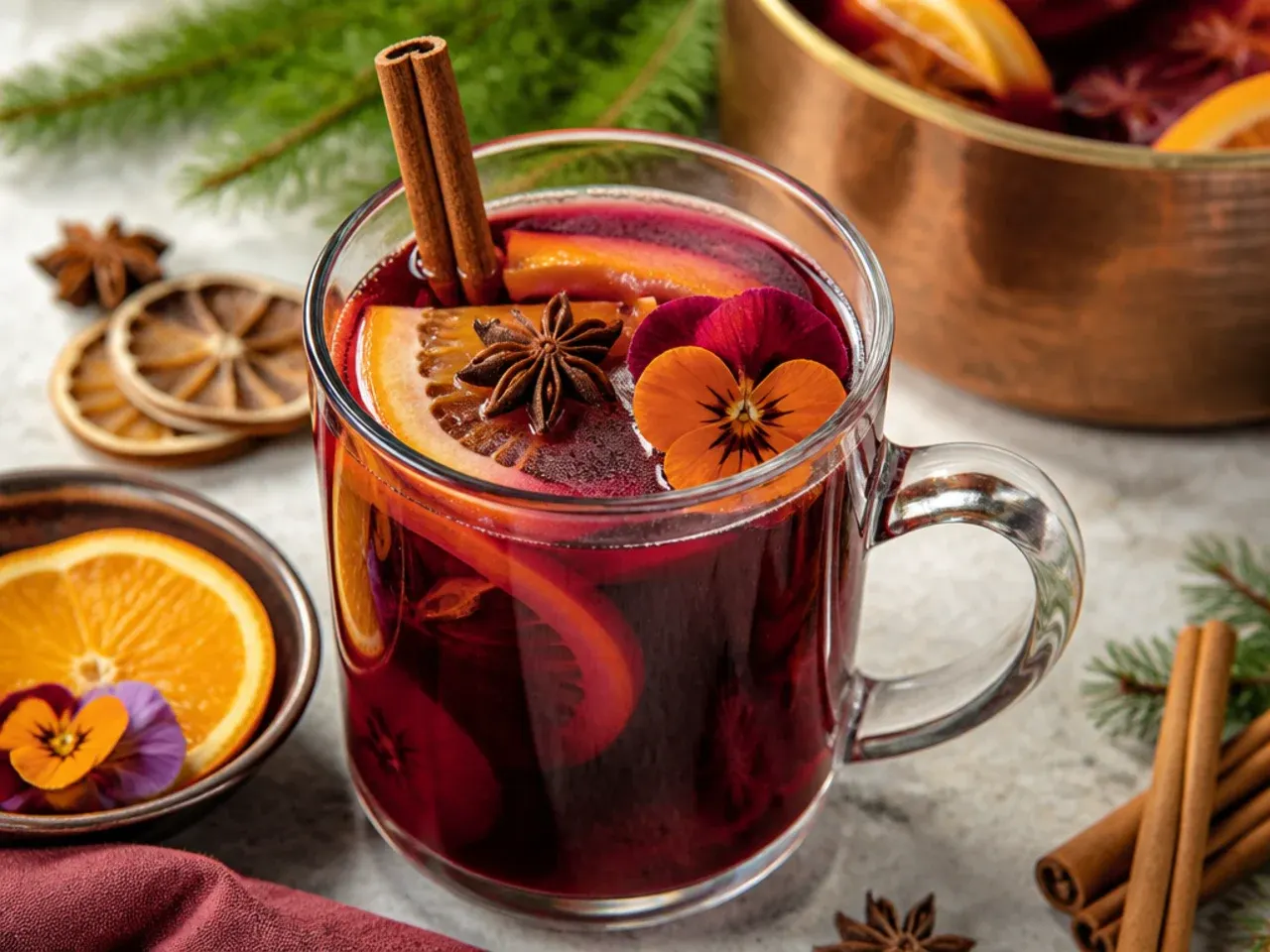 Pot of mulled wine simmering on the stove with cinnamon sticks and orange slices