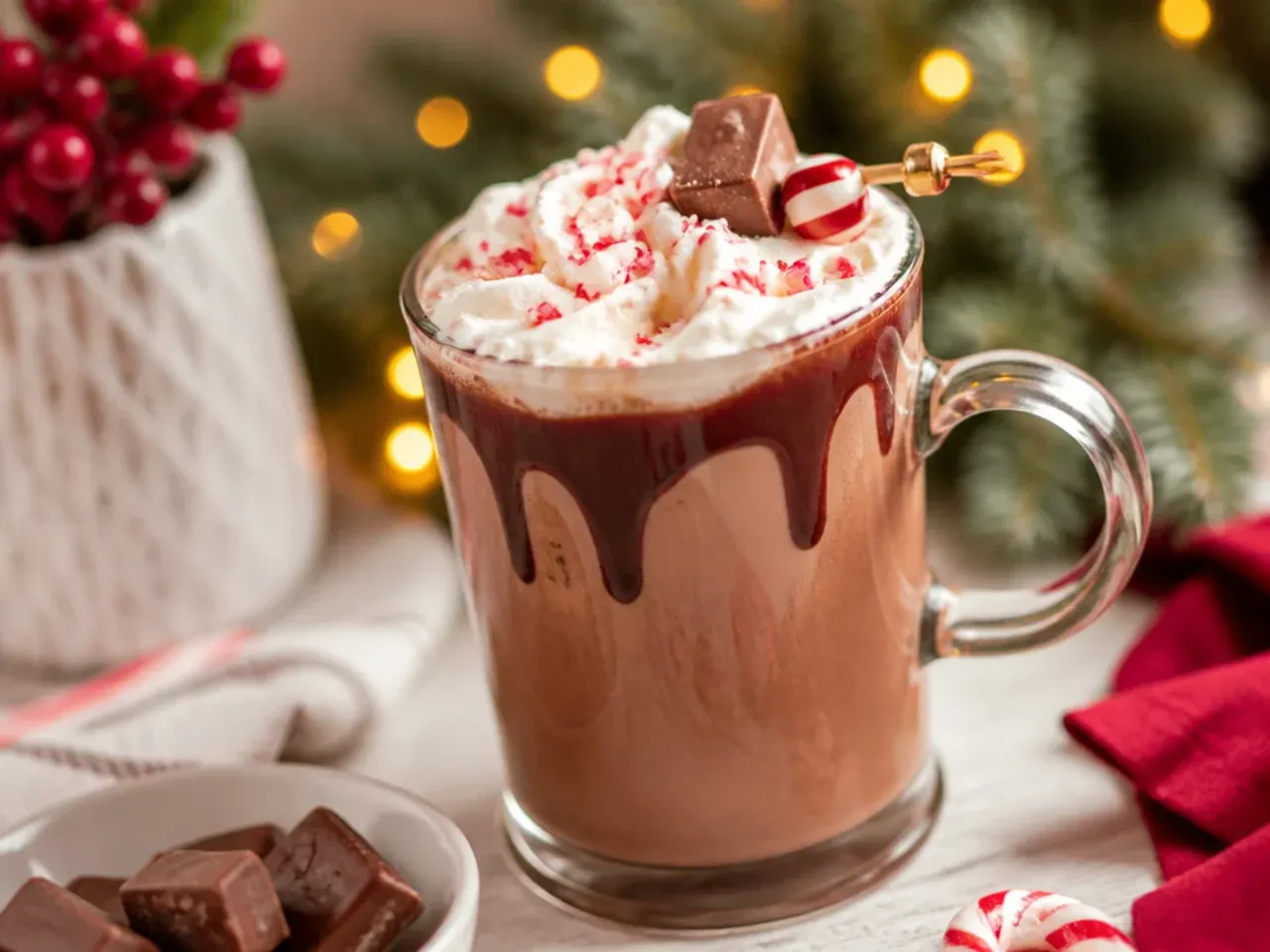 Mug of candy cane hot cocoa with crushed peppermint on top and a candy cane stirrer