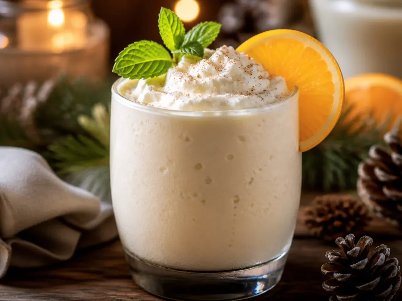 Frozen eggnog milkshake in a glass topped with whipped cream and nutmeg