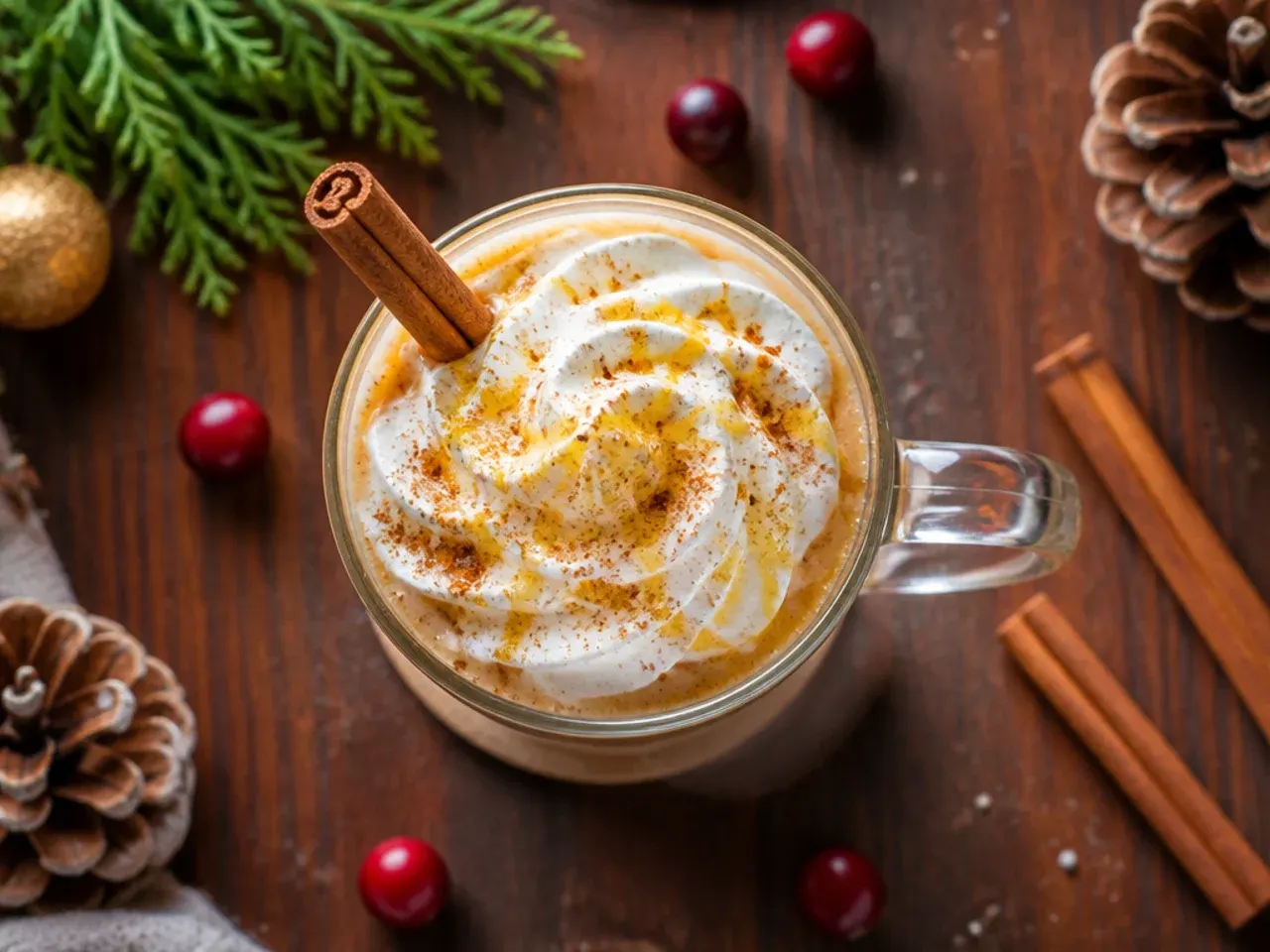 Hot buttered rum in a glass mug with a pat of melting butter on top and a cinnamon stick