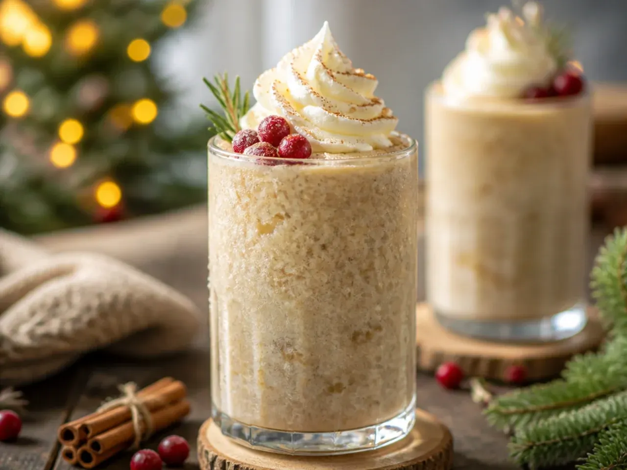 Blended chai frappe in a glass with a straw and a dusting of cinnamon on top