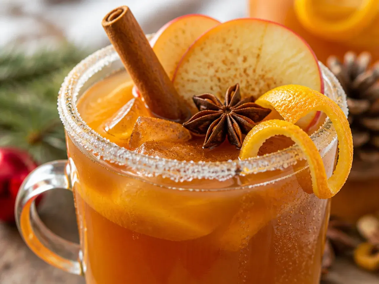 Wassail spiced apple cider in a pot with orange slices and cinnamon sticks floating on top