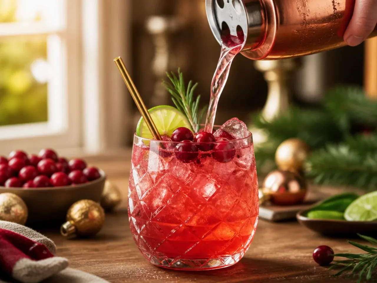 Cranberry mule cocktail in a copper mug with lime wheel and fresh cranberries