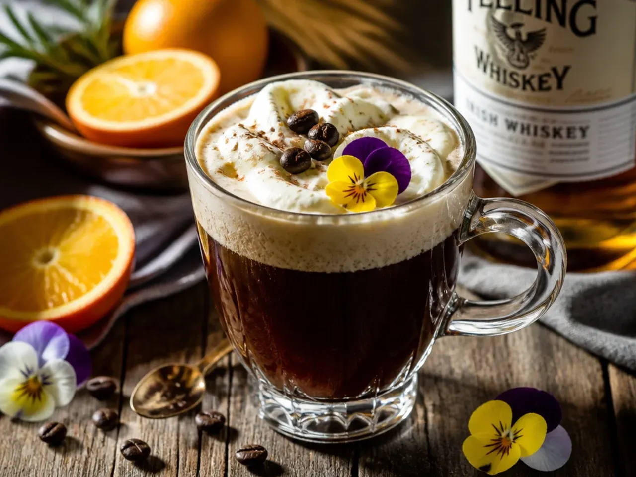 Irish coffee in a glass mug with a layer of cream floating on top