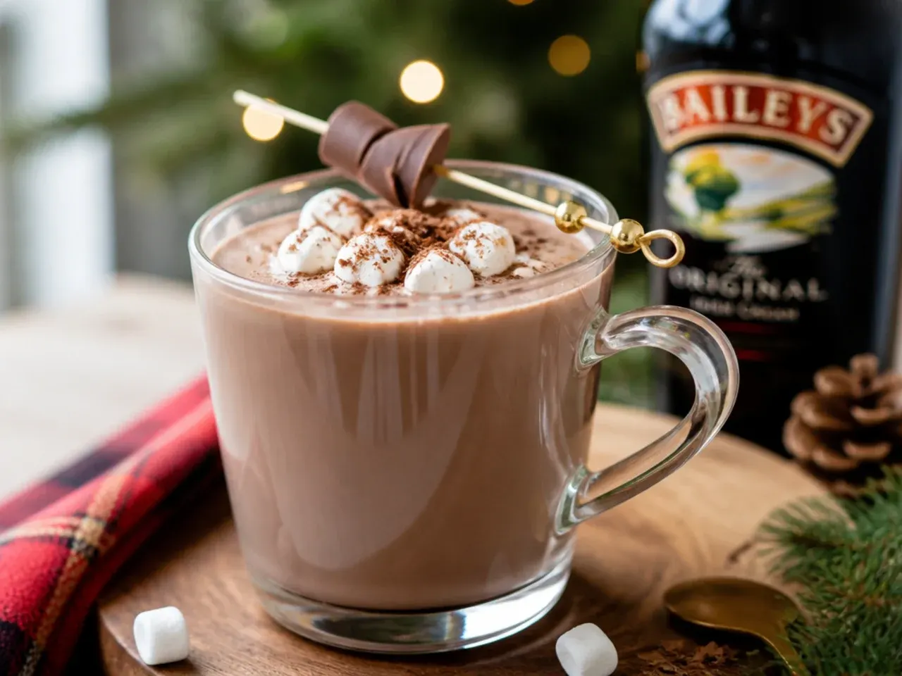 Baileys hot chocolate in a mug topped with whipped cream and a chocolate drizzle