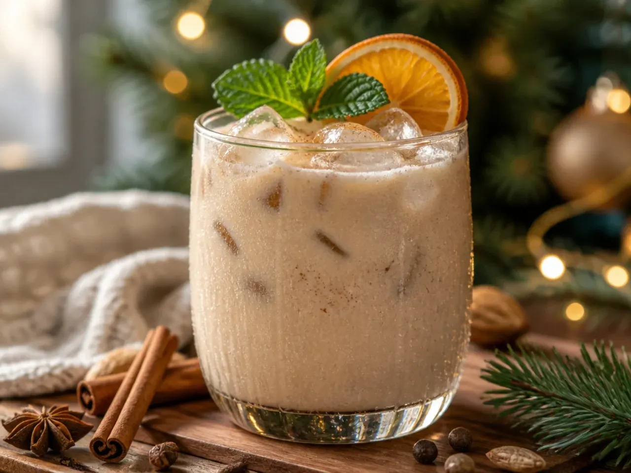 Iced eggnog latte in a glass with ice, dusted with cinnamon and nutmeg