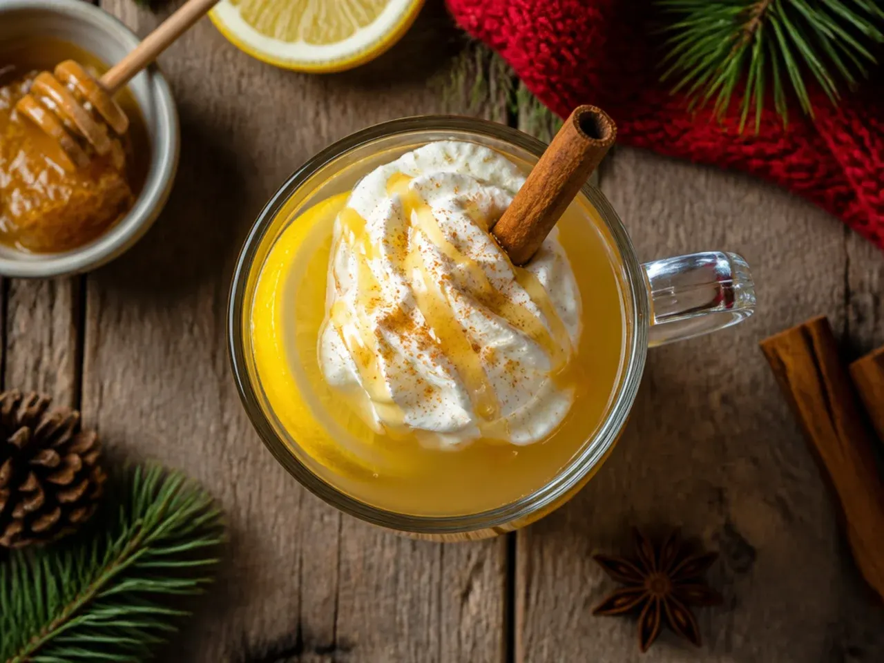 Hot toddy in a clear glass mug with a lemon slice and cinnamon stick