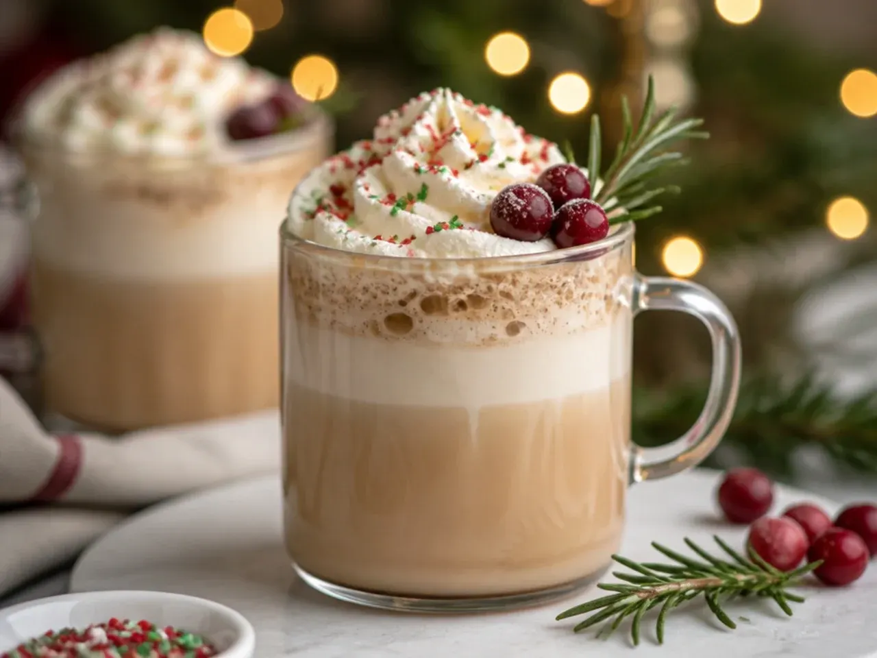 Christmas cookie latte in a mug topped with whipped cream and colourful sprinkles