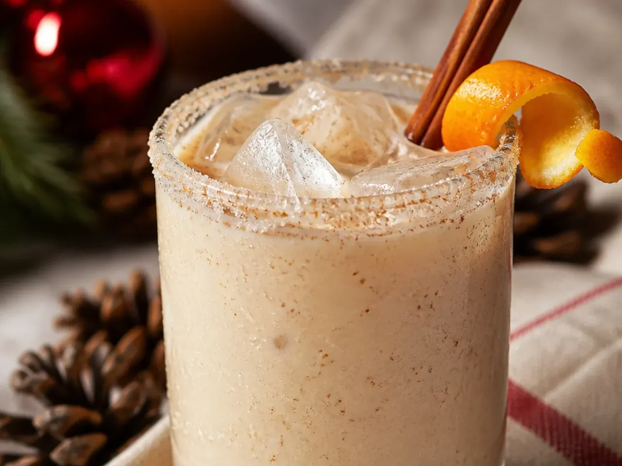 Coquito in small glasses dusted with cinnamon on a festive table