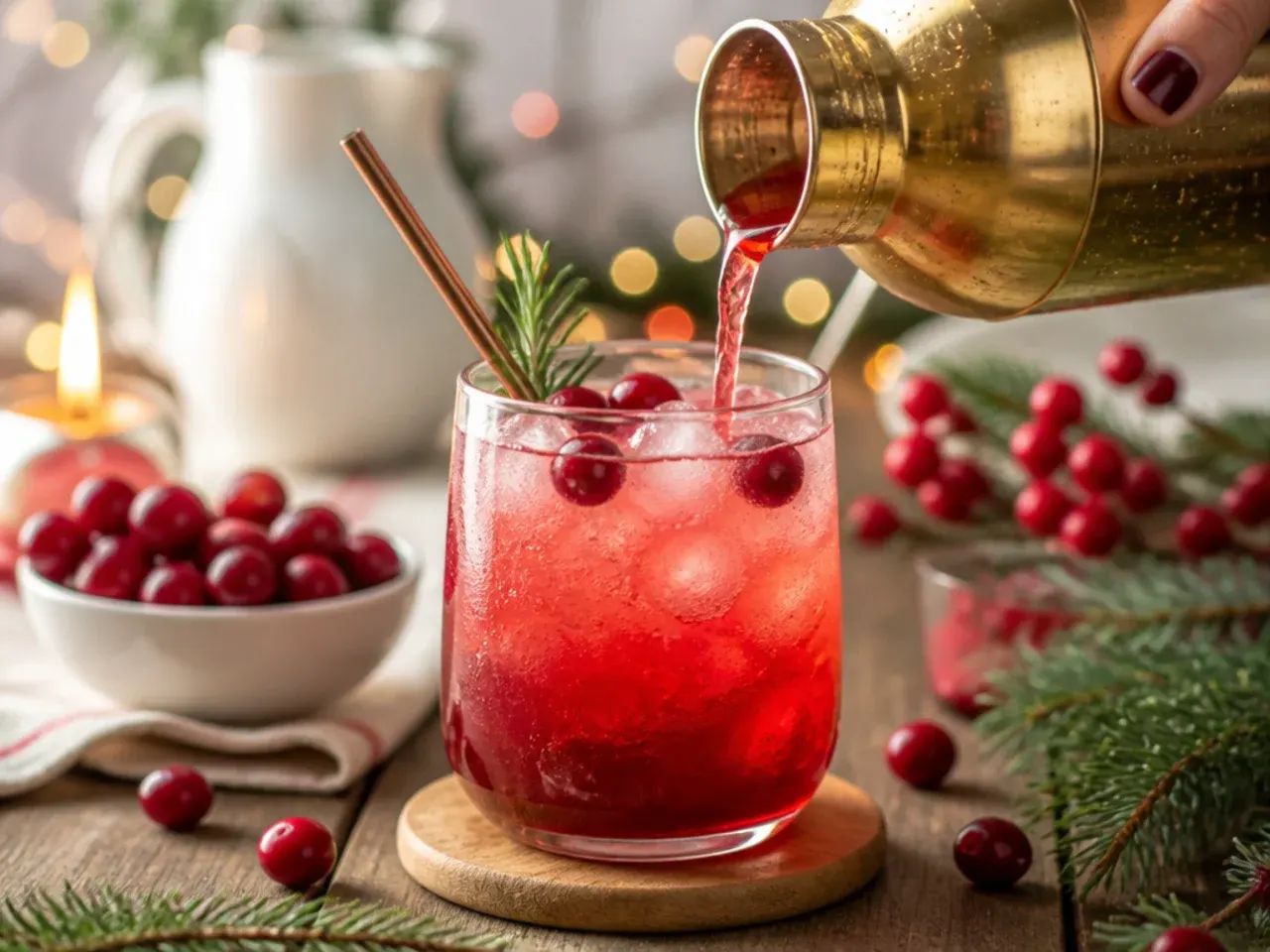 Pitcher of sparkling cranberry punch with orange slices and floating cranberries