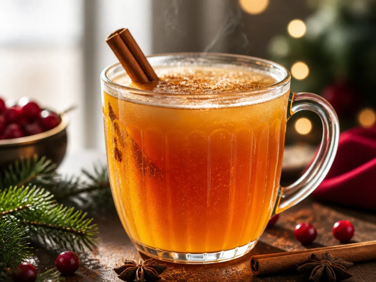 Chai spiced apple cider in a mug with a cinnamon stick and star anise garnish
