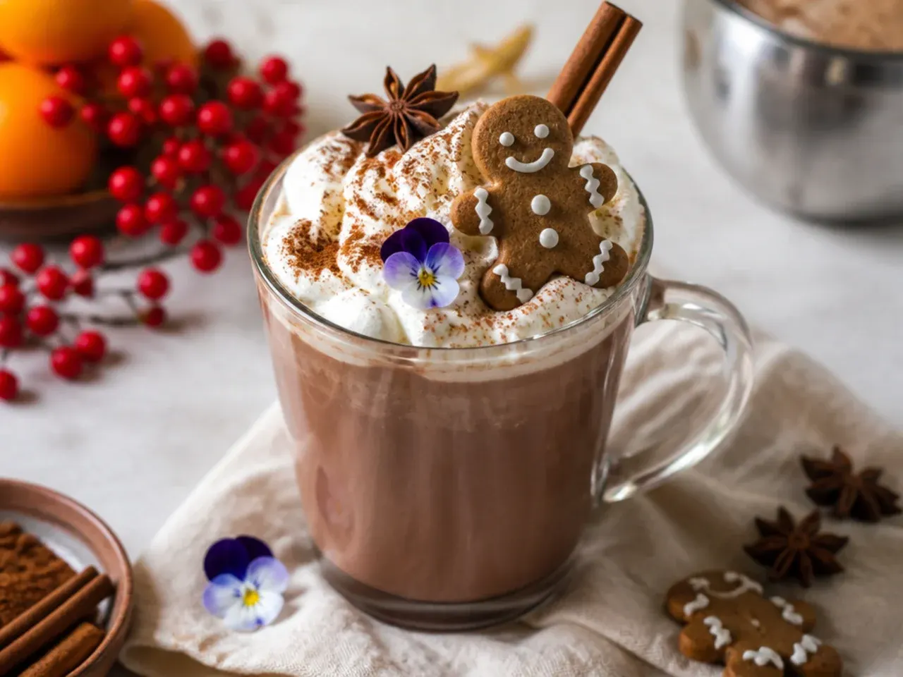 Gingerbread hot chocolate topped with whipped cream and a crumbled gingerbread biscuit