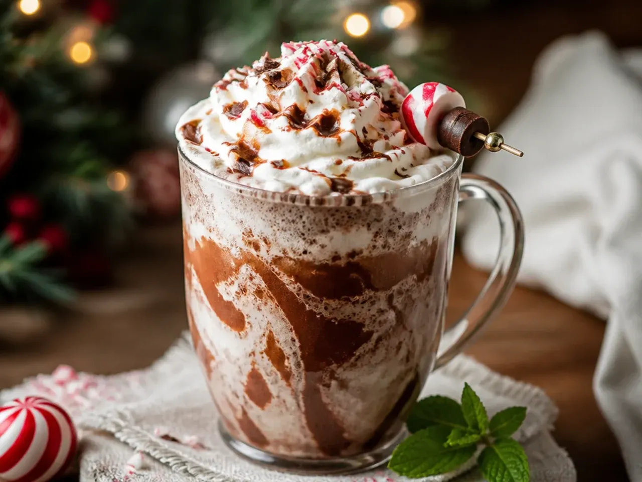 Frozen peppermint mocha in a glass with whipped cream and crushed candy cane on top