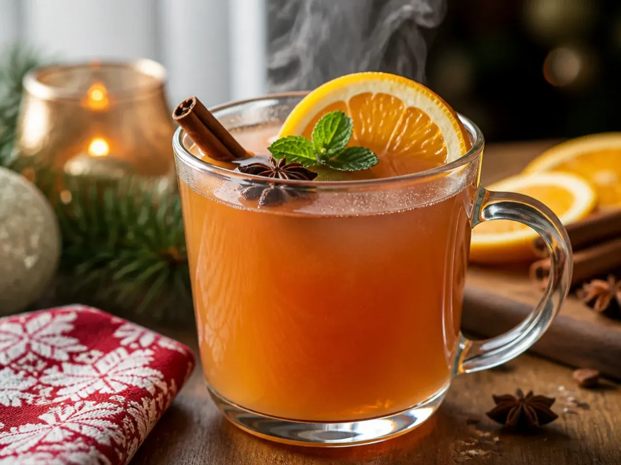 Slow cooker filled with wassail spiced cider with a ladle resting on the side