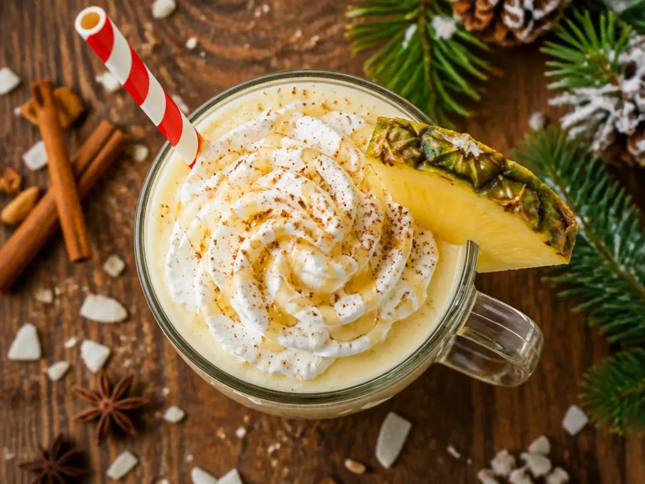 Frozen eggnog colada in a hurricane glass garnished with a pineapple wedge and nutmeg