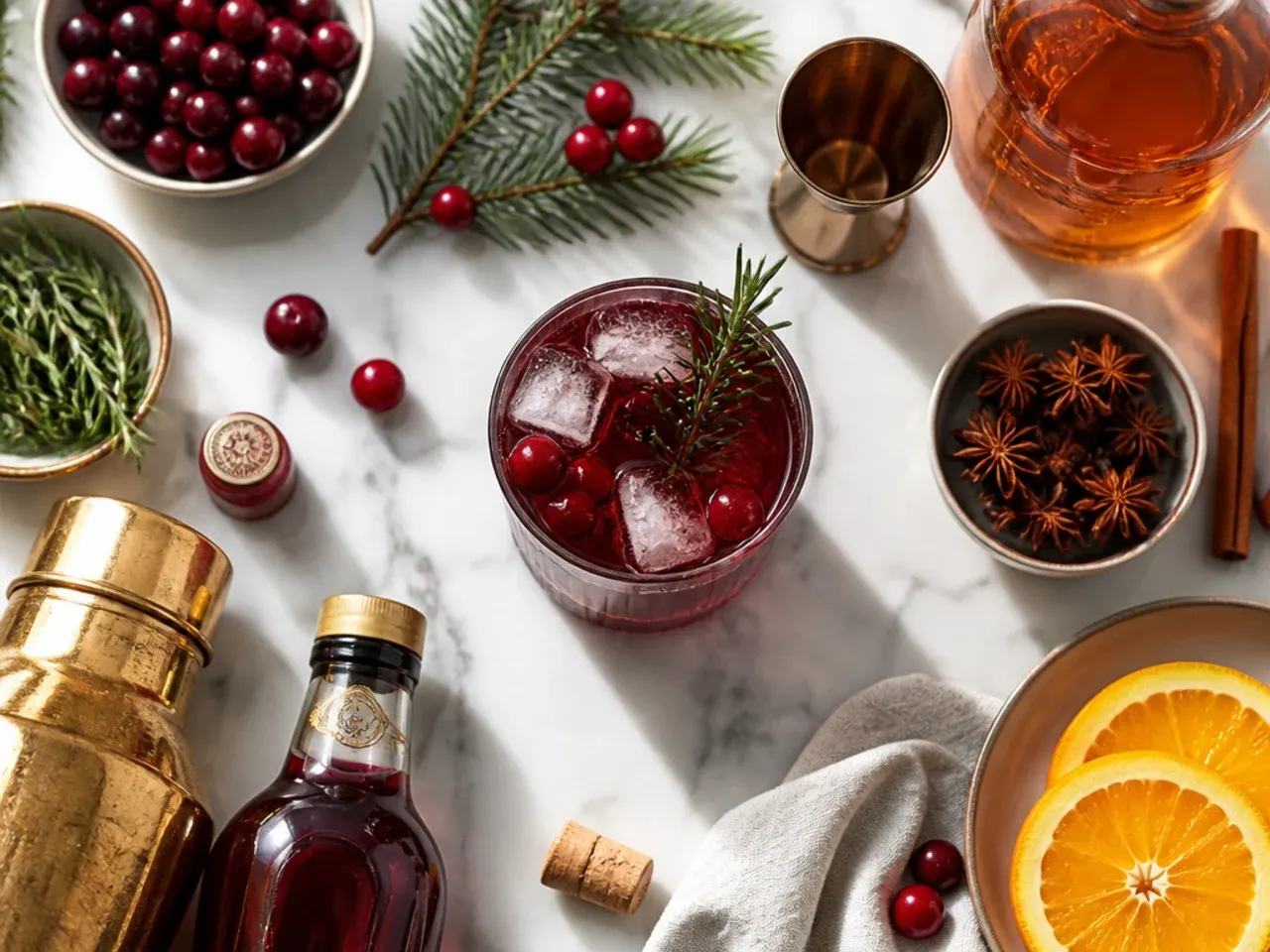 Close-up of hands garnishing a holiday drink with cinnamon sticks and citrus