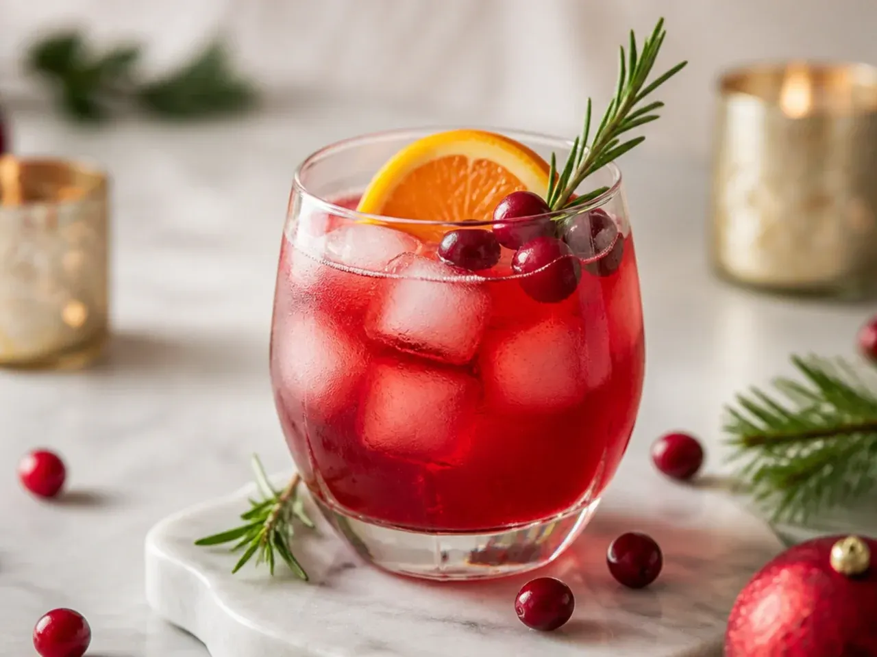 Garnish station with cinnamon sticks, citrus wheels, and cranberries laid out for holiday drinks