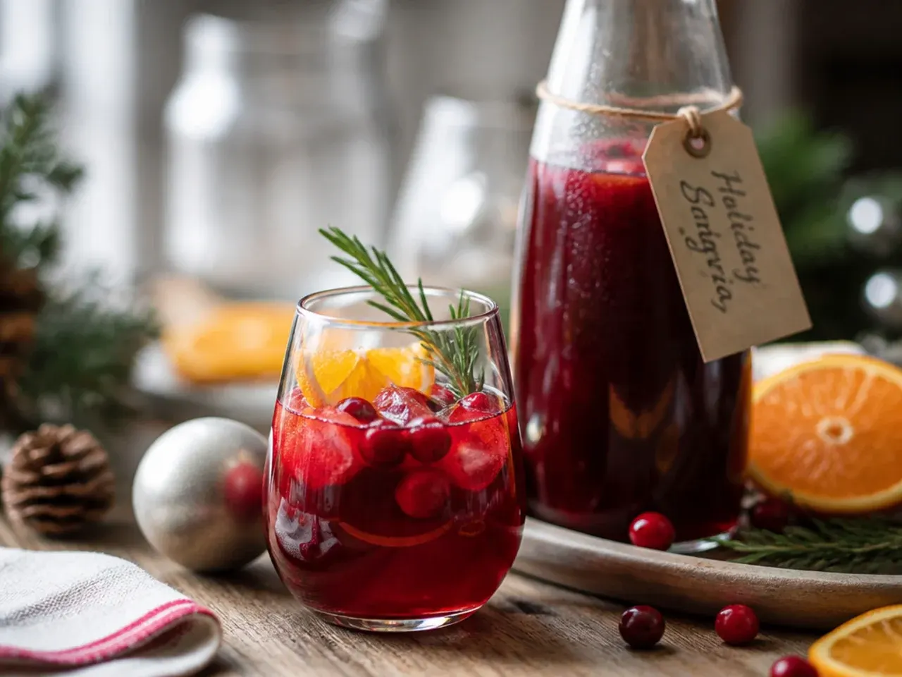Batch of mulled wine and eggnog stored in glass bottles ready for a holiday party