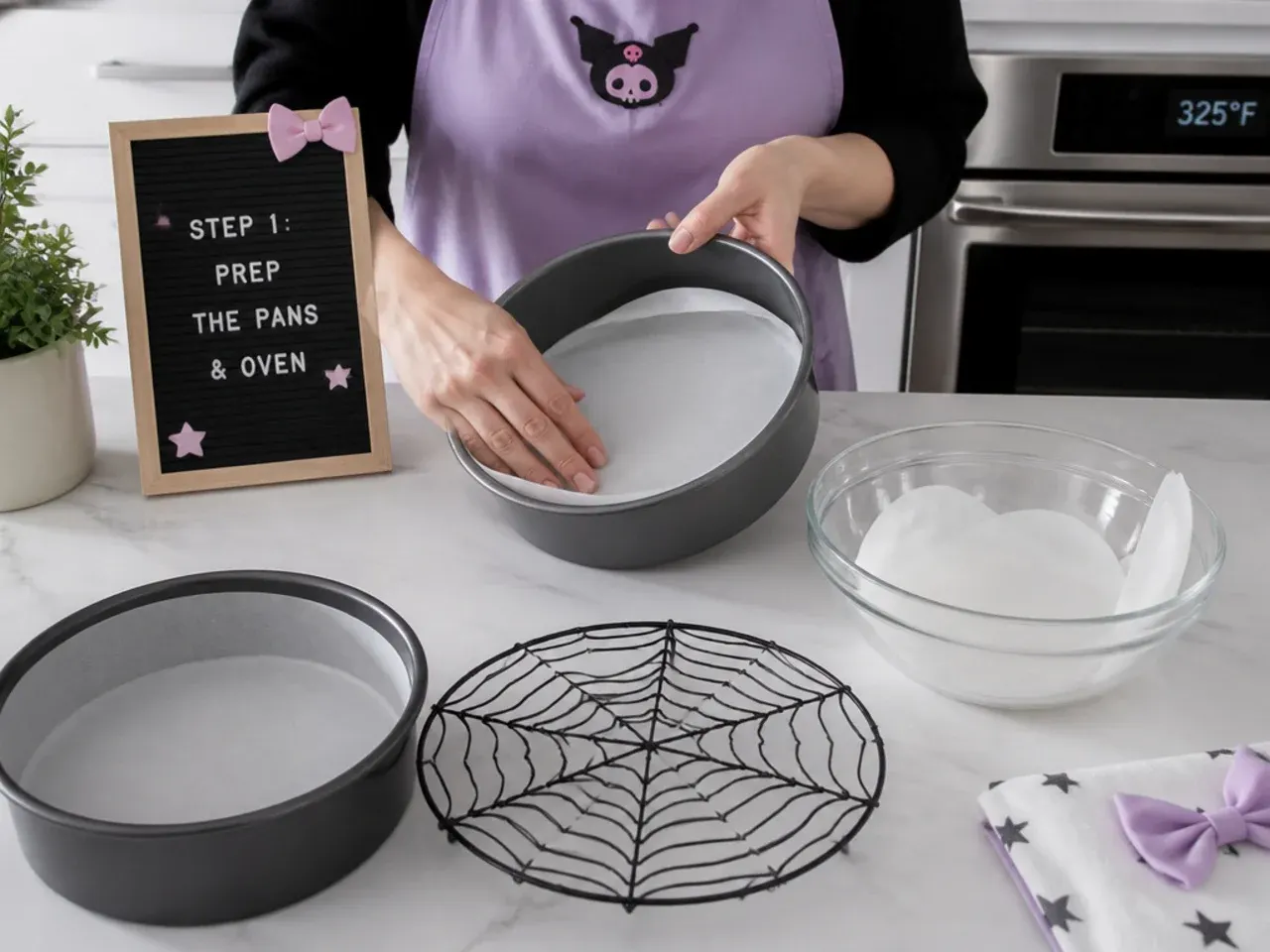 easy kuromi cake — step 1: prep the pans and oven