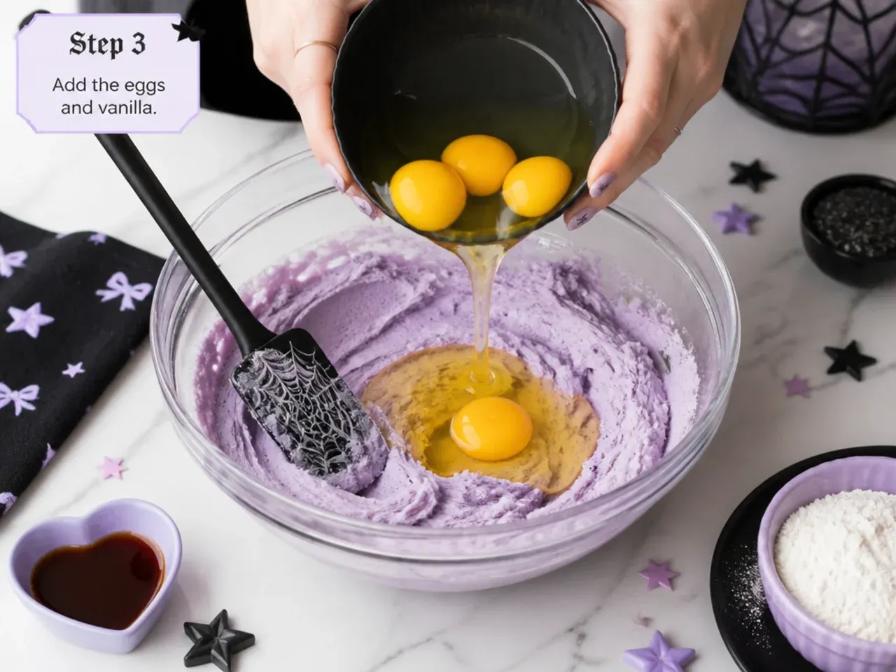 easy kuromi cake — step 3: add the eggs and vanilla