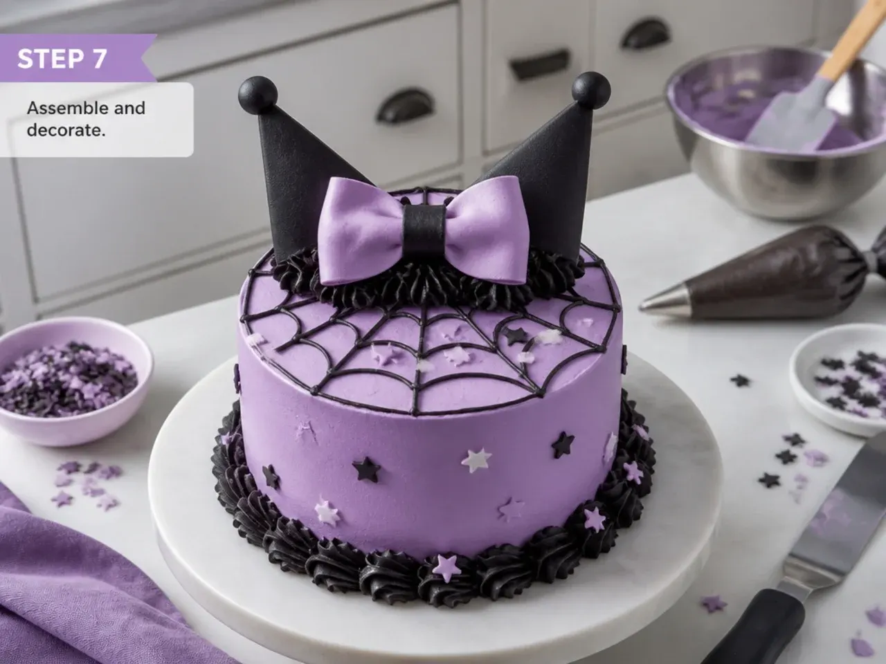 easy kuromi cake — step 7: assemble and decorate